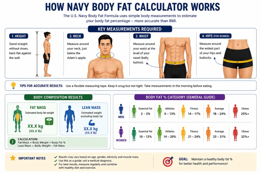 Navy Body Fat Calculator infographic showing height, neck, waist, hip measurements, fat mass, lean mass, and body fat categories.