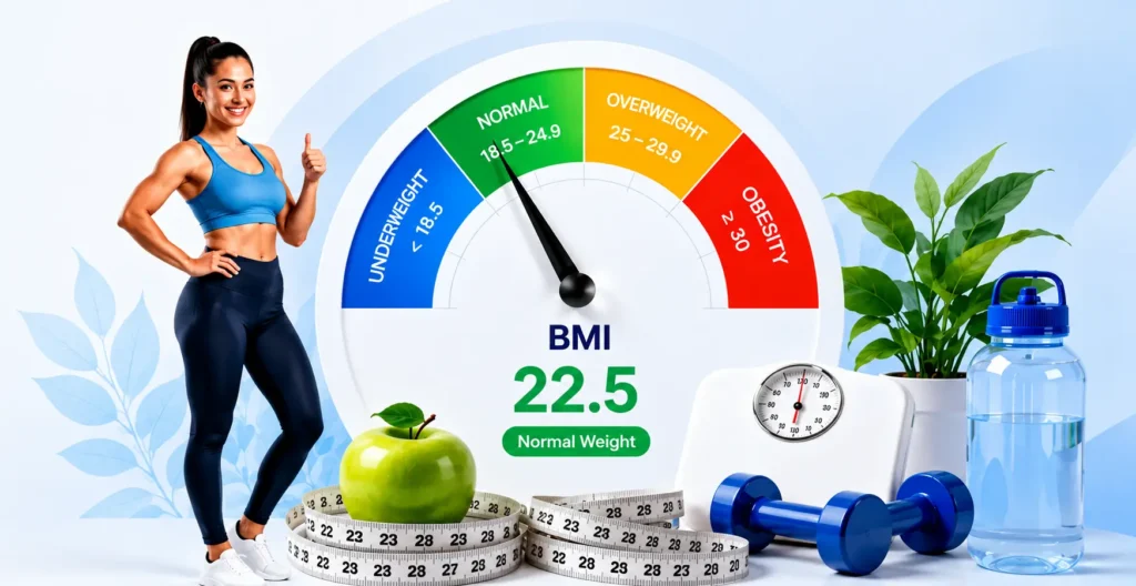 **Alt text:**

> BMI calculator showing a normal BMI of 22.5, with a fitness woman, weighing scale, measuring tape, apple, dumbbells, water bottle, and green plant on a light blue background.
