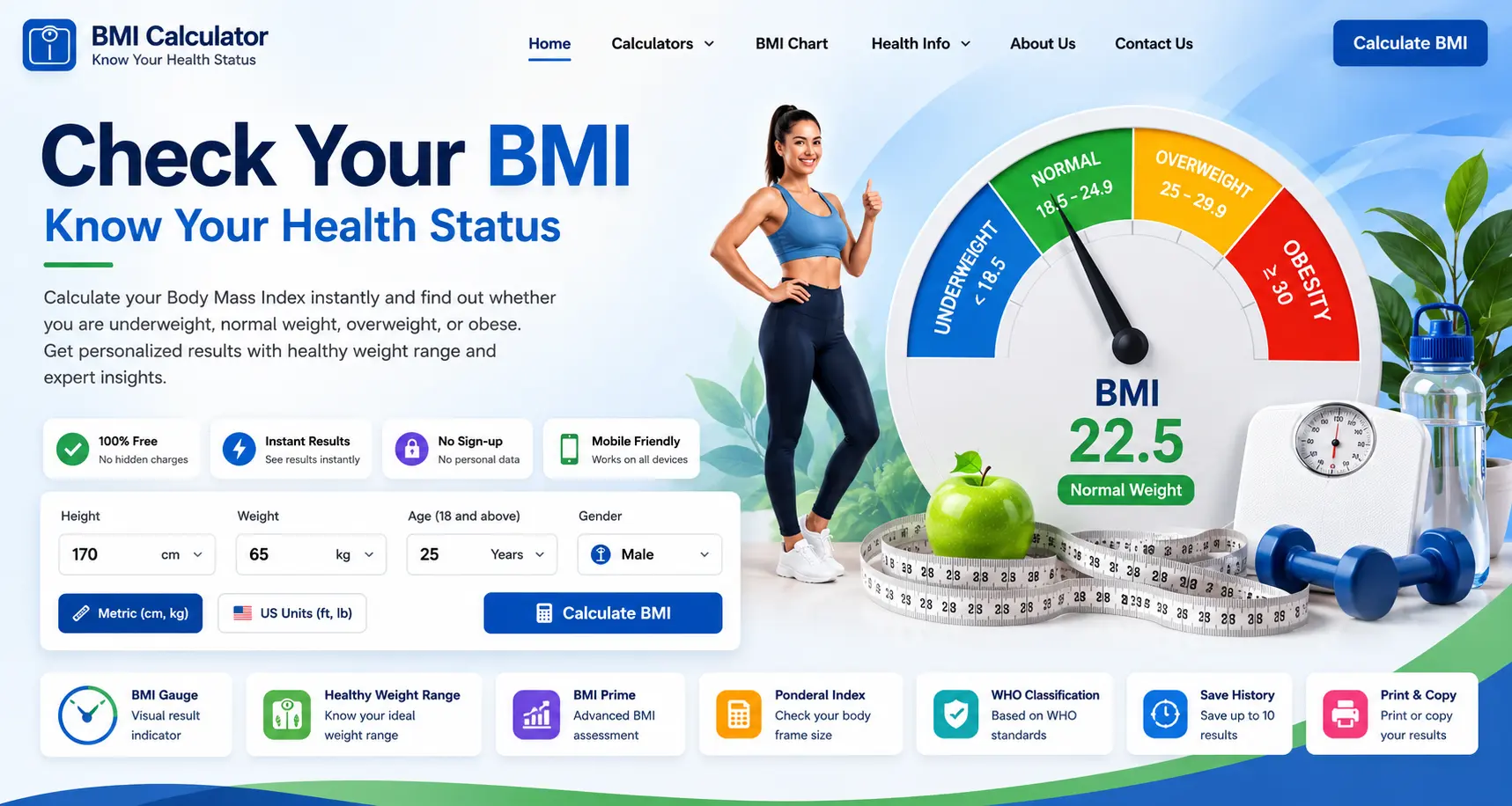  BMI calculator showing a normal BMI of 22.5, with a fitness woman, weighing scale, measuring tape, apple, dumbbells, water bottle, and green plant on a light blue background.