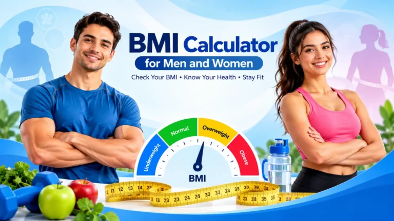  BMI calculator hero banner featuring a fit man and woman, a color-coded BMI gauge, measuring tape, dumbbells, fresh apples, and a water bottle on a blue-and-white fitness background.